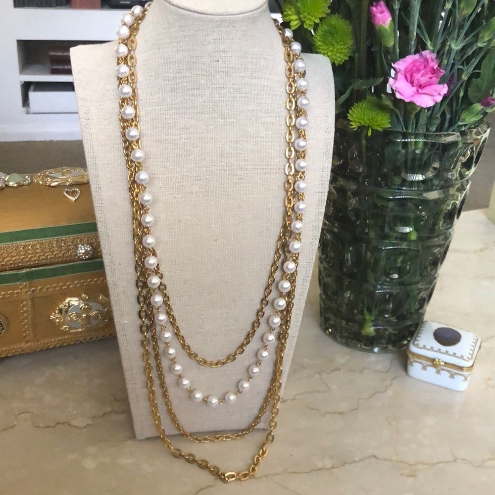 Vintage Goldtone Multiple Layered Chains and Faux Pearl Necklace